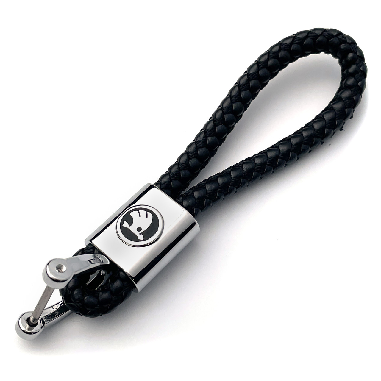 Шкіряний плетений брелок з карабіном для авто ключів з логотипом Skoda, фото 1