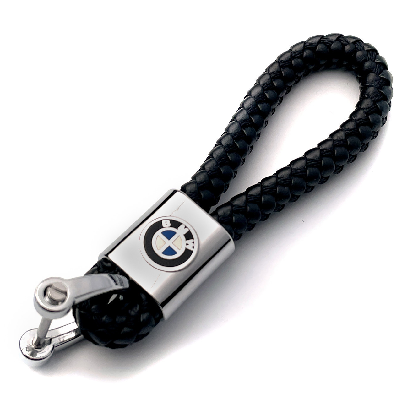 Шкіряний плетений брелок з карабіном для авто ключів з логотипом BMW, фото 1
