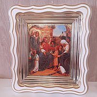 Икона Благословение детей, лик 15х18 см, в белом фигурном деревянном киоте