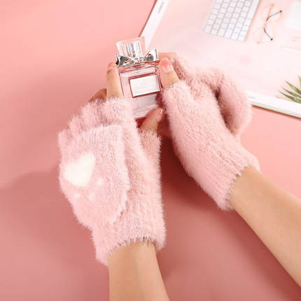 Зимові рукавички без пальців із Серцем Рожеві, фото 1