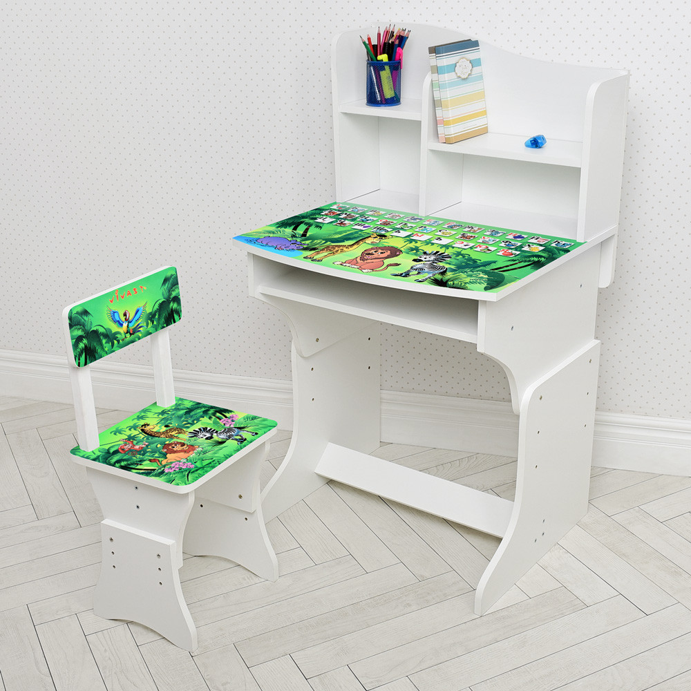 Дитяча парта зі стільчиком 4 полиці регульована висота Bambi 904-5(RU) джунглі алфавіт, фото 1