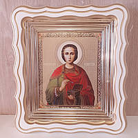 Икона Пантелеймон святой великомученик и целитель, лик 15х18 см, в белом фигурном деревянном киоте