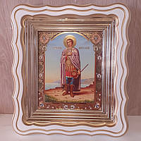 Икона Дмитрий Солунский святой великомученник, лик 15х18 см, в белом фигурном деревянном киоте