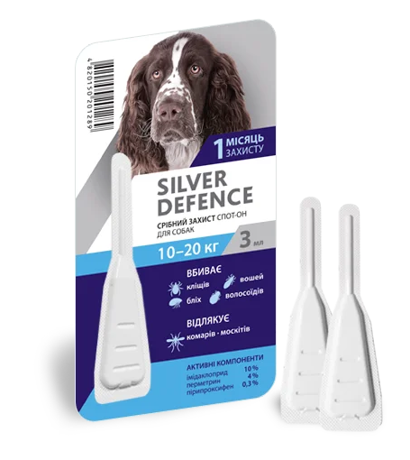 Silver Defence - краплі на холку для собак 10 - 20 кг, 1 піпетка х 3 мл Знищення бліх, клей, волосоїдів