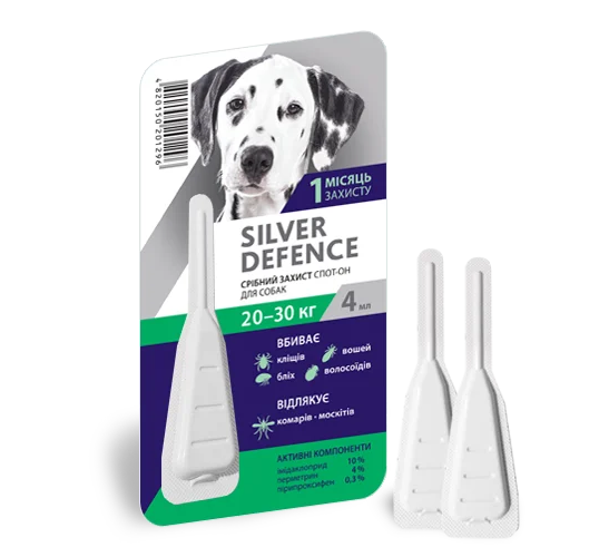 Silver Defence - краплі на холку для собак 20 - 30 кг, 1 піпетка х 4 мл Знищення бліх, клей, волосоїдів