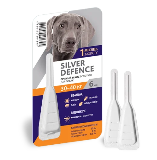 Silver Defence - краплі на холку для собак 30 - 40 кг, 1 піпетка х 6 мл. Знищення бліх, клей, волосоїдів