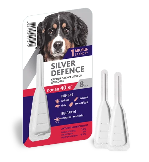 Silver Defence - краплі на холку для собак більше 40 кг, 1 піпетка х 8 мл. Знищення бліх, клей, волосоїдів