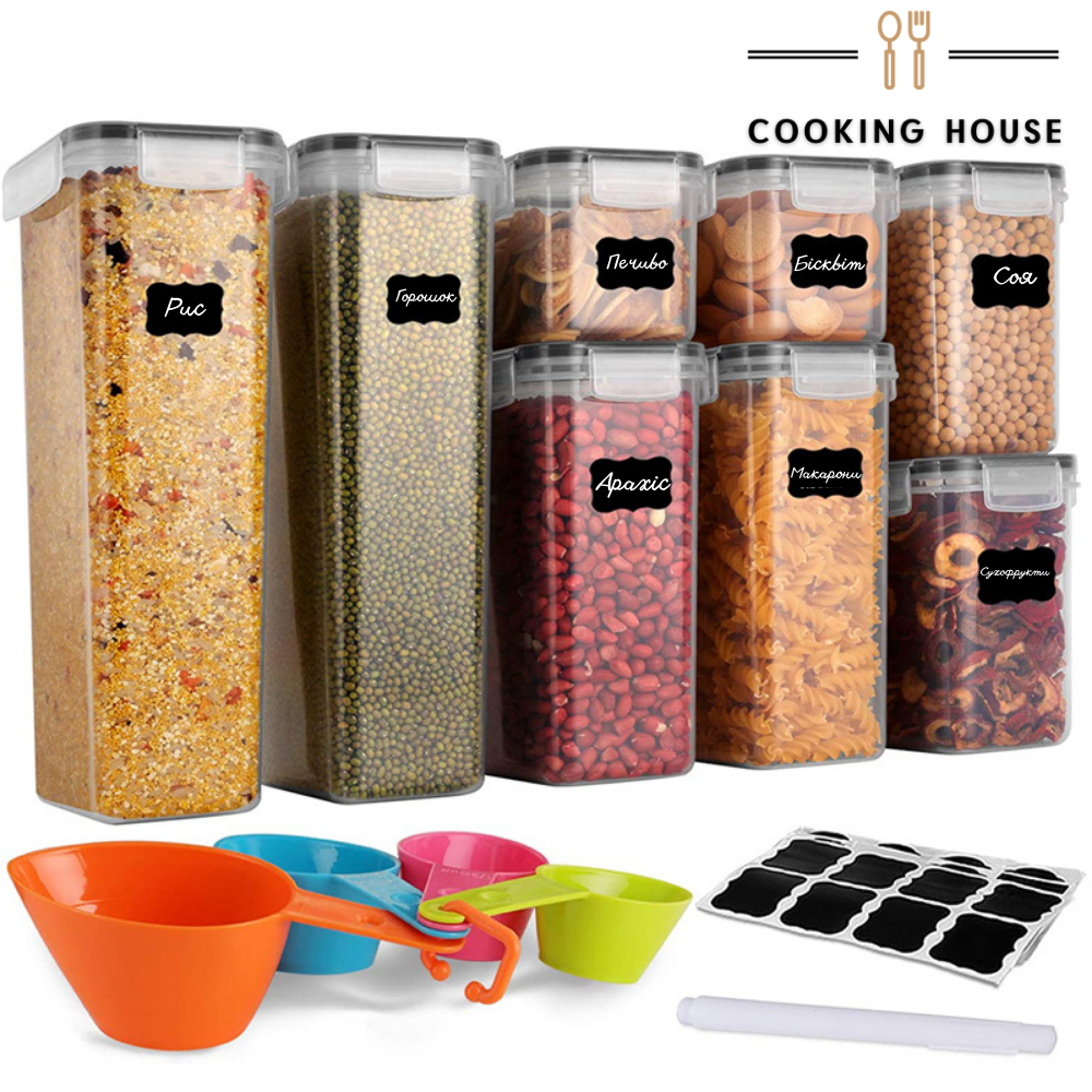 Набір герметичних контейнерів для зберігання продуктів Cooking House, 8 шт пластикових контейнерів для круп з кришками