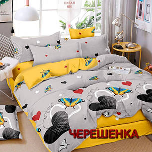 Тканина для постільної білизни Бязь "Gold" Lux GL1816 (A+B) - (50м+50м) метелики і серця на сірому та жовтому, фото 1