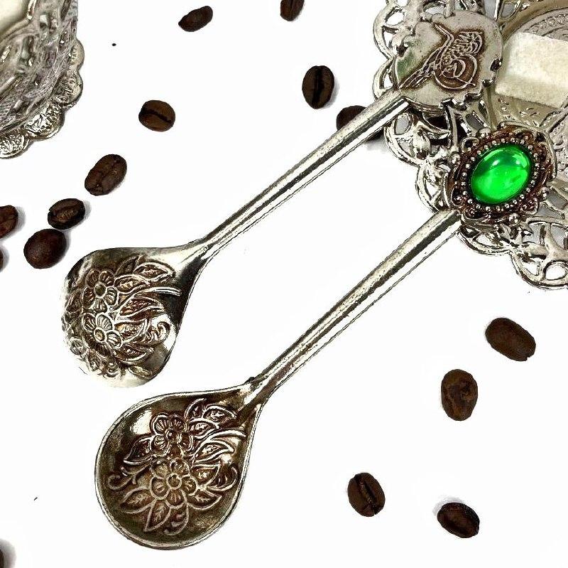 Ложка для кави та чаю 1шт в стилі Турецькі Армуди срібні з зеленим каменем