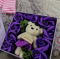 Сувенирный подарочный набор розы из мыло в коробке c Мишкой мыльные розы мыло в форме роз для девушек