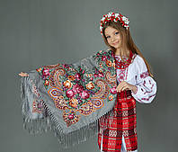 Народный украинский серый платок с розами №1238