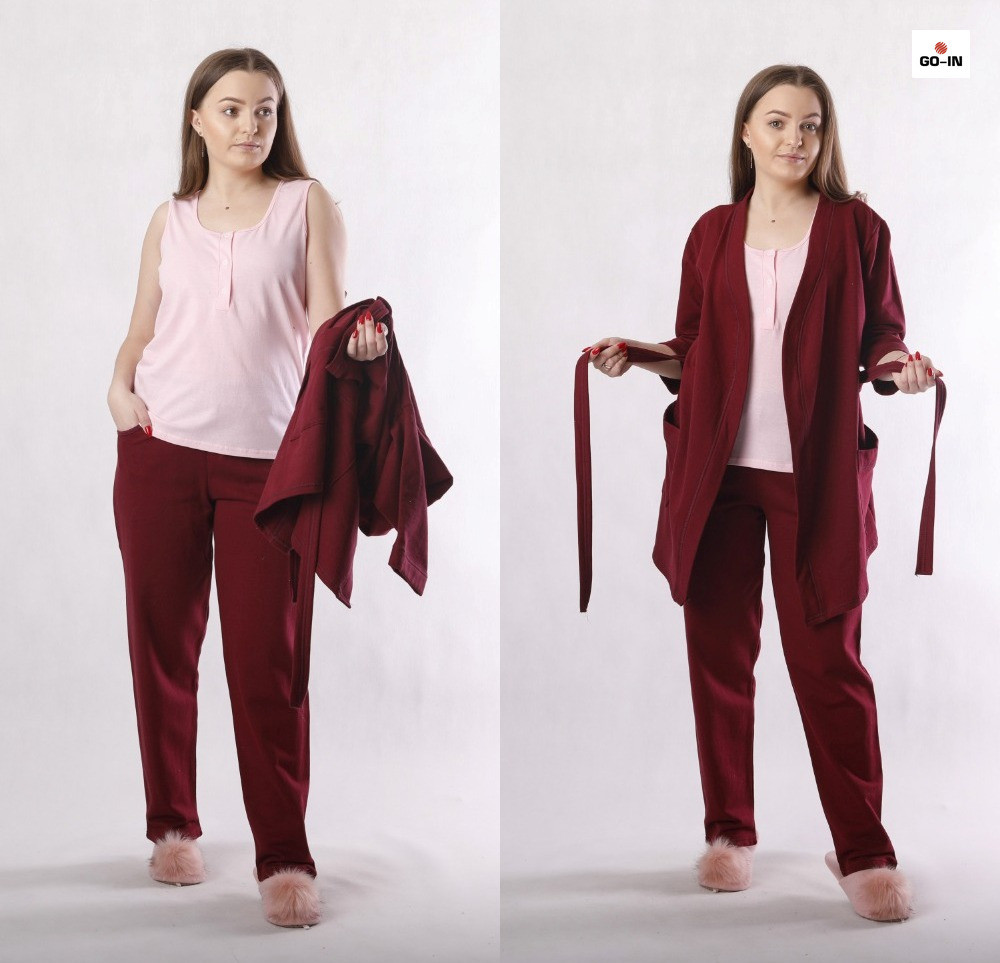 Жіночий теплий комплект-трійка халат із піжамою бордовий р.42-54