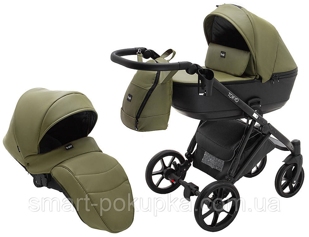 Коляска 2 в 1 Bair Tokyo кожа 100% 74 хаки - черный