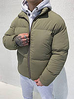 Мужская тёплая укороченная зимняя куртка без капюшона хаки. Мужской пуховик хаки
