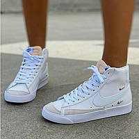 Кроссовки женские Nike Blazer White swoosh белые найк блейзер весна осень высокие демисезонные