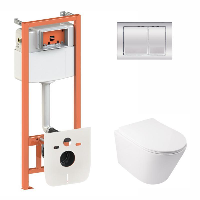 Набір Qtap інсталяція 3 в 1 Nest QT0133M425 з панеллю змиву квадратної QT0111M06028CRM + унітаз з сидінням, фото 1