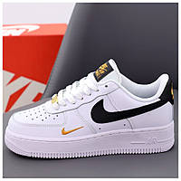 Мужские / женские кроссовки Nike Air Force 1 '07 White Black Gold Essential, белые кожаные найк аир форс 1