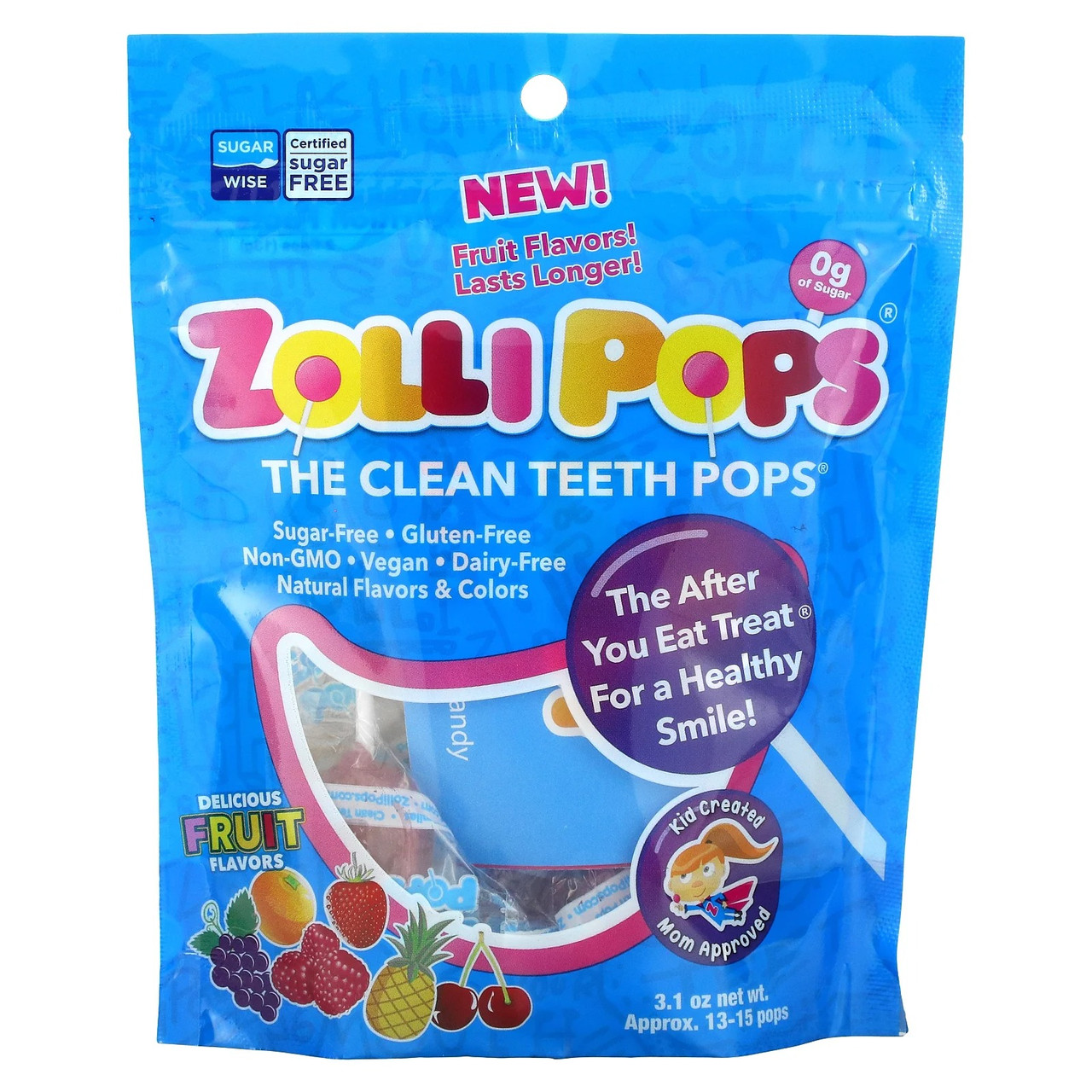 Льодяники для чищення зубів Zollipops The Clean Teeth Pops на паличці зі смаком фруктів 13–15 шт