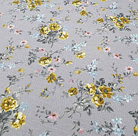 Ткань тефлоновая для скатерти штор римских штор чехлов мелкие желтые цветы розочки букеты фон серый
