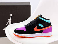 Разноцветные высокие баскетбольные кроссовки Nike Air Jordan 1 Retro Black Violette (Женские Найк Аир Джордан)