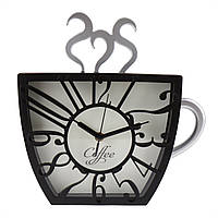 Чорний настінний годинник "Чашка кава" 28 см (пластик)