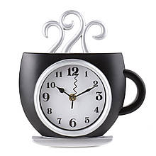 Чорні годинники настінні "Чашка чаю" 25 см (пластик) для кухні, кафе