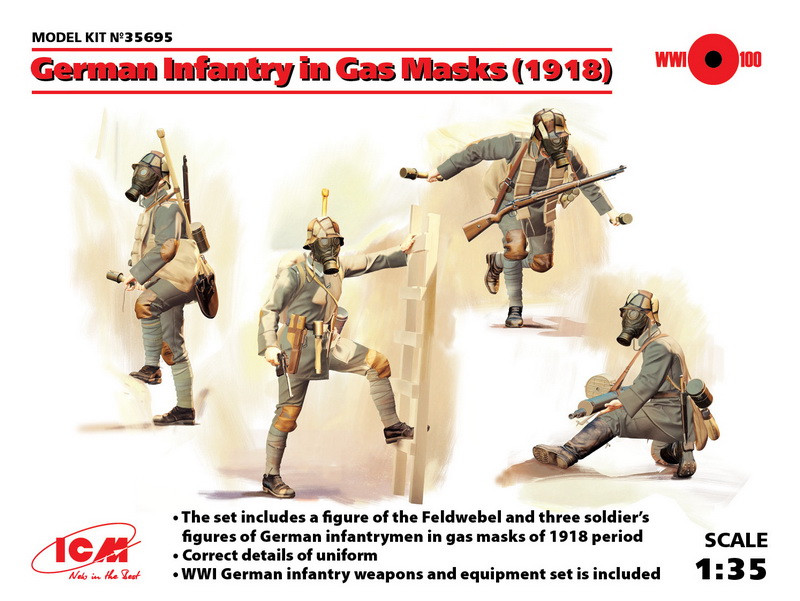Пластикова модель 1/35 ICM 35695 німецька піхота в противогазах 1918 (4 фігури), фото 1