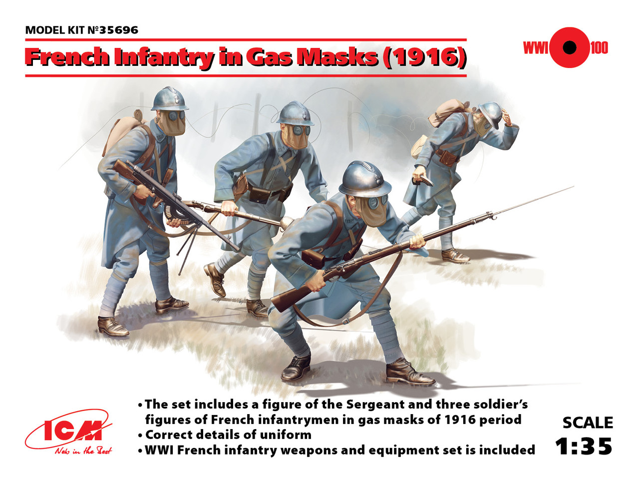 Пластикова модель 1/35 ICM 35696 француська піхота в противогазах (1916) (4 фігурки), фото 1
