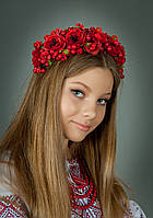 Сучасний український віночок на обручі з червоними квітами № 1240