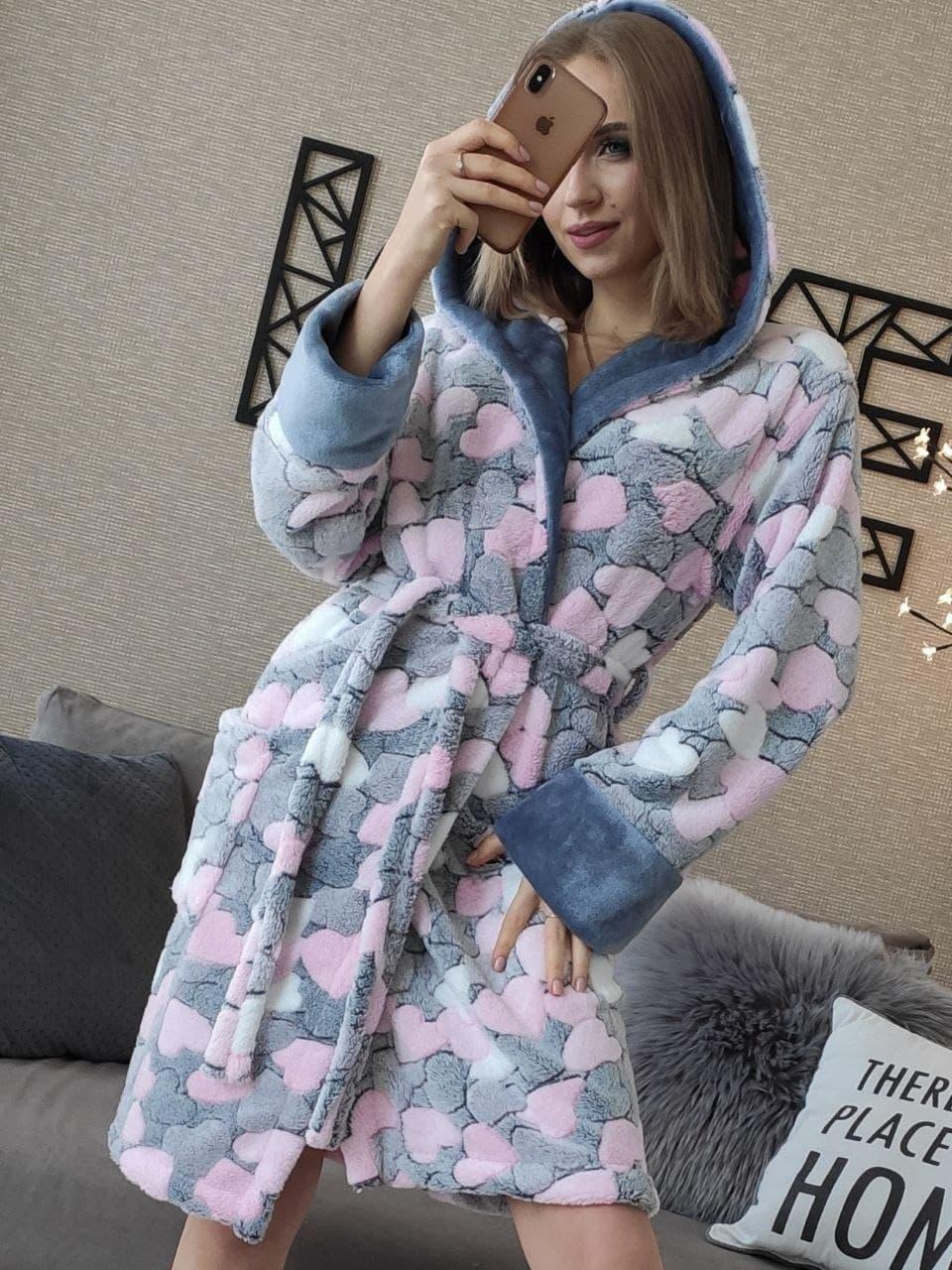 Жіночий теплий короткий плюшевий халат із серцем Туреччина 2025