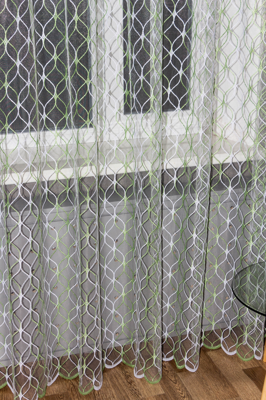 Тюль фатин з вишивкою, колір білий із зеленим, для зали, спальні, висота 280 см, Туреччина
