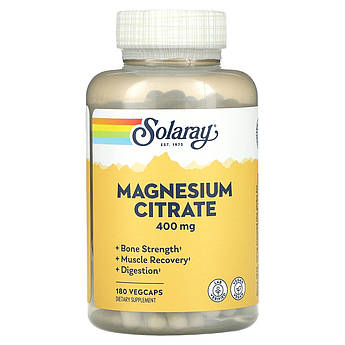 Магній цитрат 400 мг Solaray Magnesium Citrate для ШКТ серця та нервової системи 180 рослинних капсул