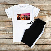 Мужской летний комплект белая футболка с принтом "CALVIN KLEIN JEANS" и чёрные шорты лампас