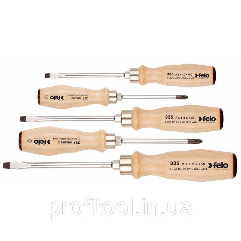 Набір викруток FELO 5,5х100 / 7,0х125 / 9,0х150 / Ph1x80 / ??Ph2x100; CrMoV сталь; дерев'яні ручки; удароміцні. (33595198), фото 1