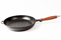 Сковорода гриль чавунна, емальована,з дерев'яною ручкою, d=260мм, h=40мм. Матово-чорна