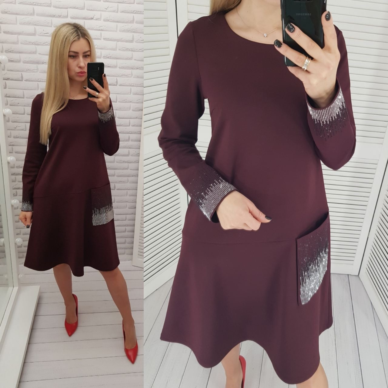 Новинка! Стильне трикотажне плаття з довгим рукавом, арт 178, колір бордо, фото 1