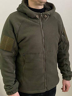 Тепла кофта на флісі з капюшоном оливкового кольору зі штучним хутром, 46,48,50,52,54,56 розміри