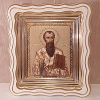 Ікона Василь Великий святитель, лик 15х18 см, у білому фігурному дерев'яному кіоті