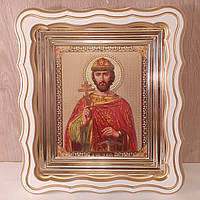 Икона Игорь святой благоверный князь, лик 15х18 см, в белом фигурном деревянном киоте