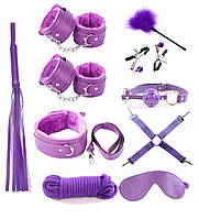 Набор БДСМ игрушки Садо мазо игры 10 в 1 BDSM плетка, кляп, веревка, наручники, маска, ошейник Фиолетовый