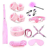 Набор БДСМ игрушки Садо мазо игры 10 в 1 BDSM плетка, кляп, веревка, наручники, маска, ошейник Розовый