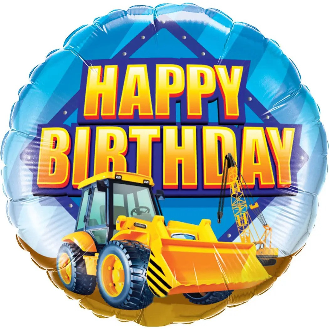 Фольгована кругла куля на День народження Happy Birthday, екскаватор, кулі для хлопчика, 18" 44 см