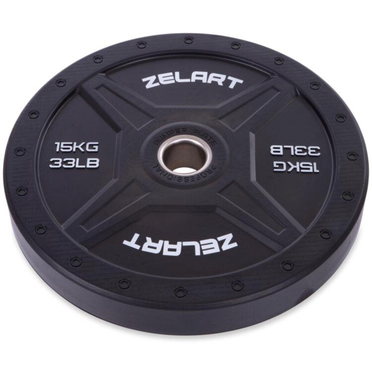 Бамперный диск для кроссфита Bumper Plates гумові d-51мм 15кг (d-45см,чорний)
