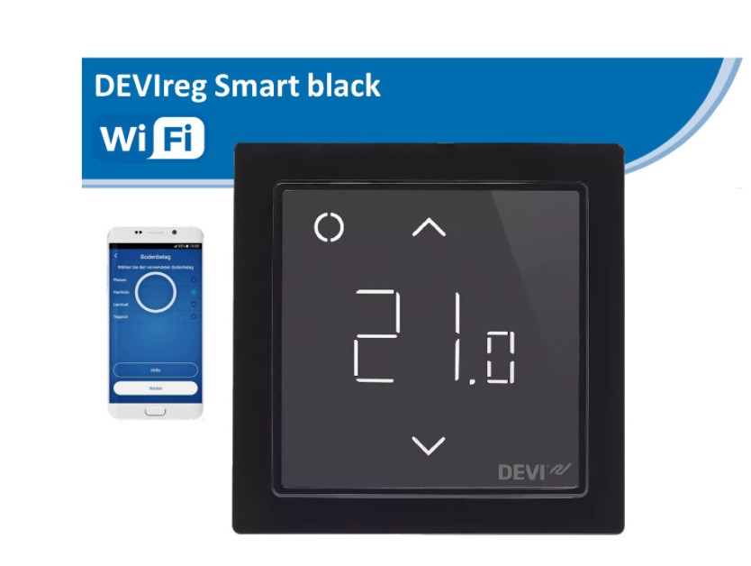 Devireg Smart Black (140F1143) WiFi сенсорний терморегулятор DEVI, фото 1