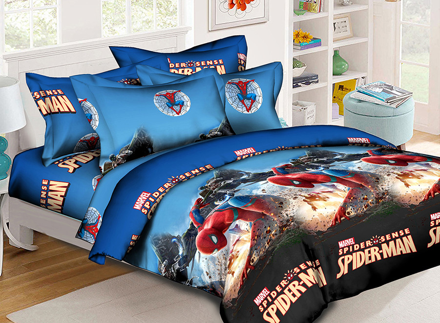 Постільна білизна Королева Ночі (Ранфорс) | Євро комплект | 50х70 | Людина-павук на синьому, фото 1