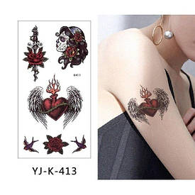 Флеш Тату. 22*10 См. Тимчасова. Перевідна. Набір, Серця, Чікано, Дівчата, Квіти, Троянда, Мечі, Кинджали,