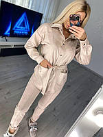 Женский замшевый костюм с рубашкой под пояс и зауженными брюками со стрелками (р. S, М) 38ks2214 М, Бежевый