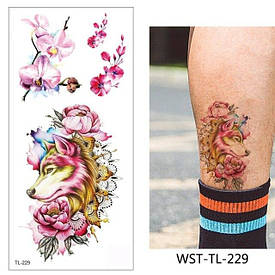 Флеш Тату. 19*9 См, Перевідна. Тимчасова. Набір, Вовки, Квіти, Сакура, Tl-229 (S), Кольорові