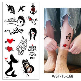 Флеш Тату. 19*9 См, Перевідна. Тимчасова. Набір, Змішування, Крила, Русалки, Метелики, Серця, Птахи, Єдинороги,